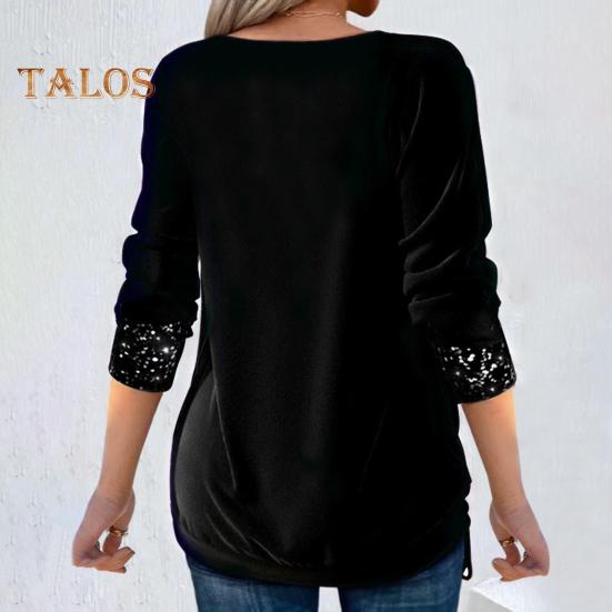 Women Velvet Tops Swing Collar Long Sleeve Drawstring Hem Shirring Pullover Tops Solid Color Sequins Stitching Blouse