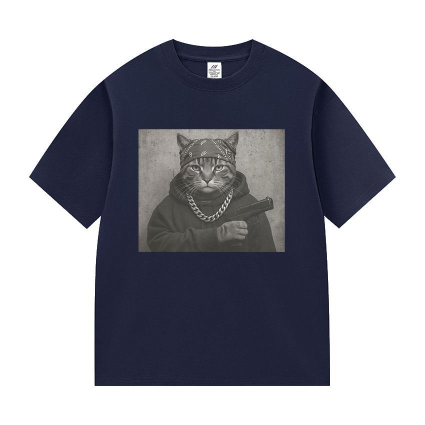 2025 Summer Funny Cat Graphic Print T Shirt Gang Cat Cool Hip Hop Men's Vintage High Quality 100% Pure Cotton Printed T-shirt