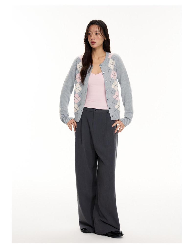 Women's Early Autumn College-Style Knit Cardigan - Color Block Diamond Pattern