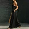 Women's Sleeveless Maxi Dress with Adjustable Spaghetti Straps Flowy Loose Fit Long Sundress with Pockets for Casual Wear