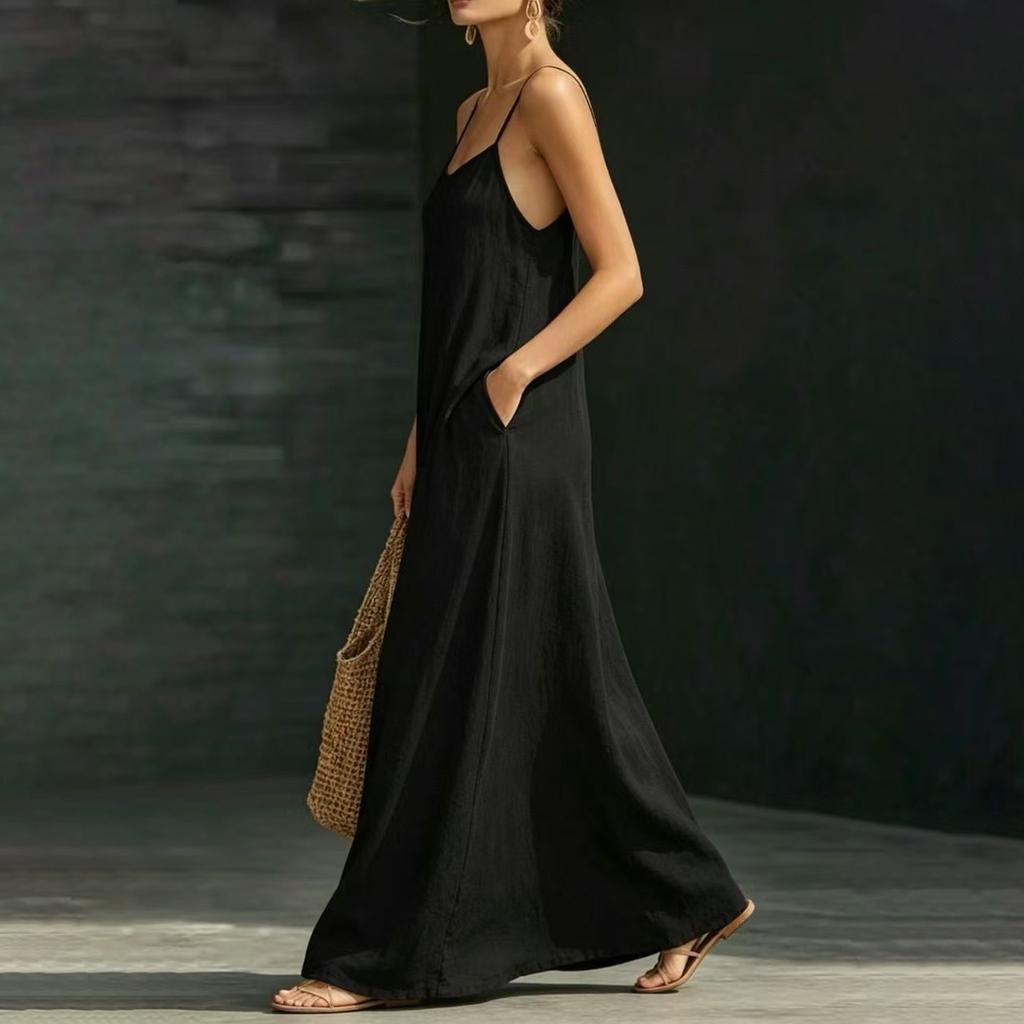 Women's Sleeveless Maxi Dress with Adjustable Spaghetti Straps Flowy Loose Fit Long Sundress with Pockets for Casual Wear