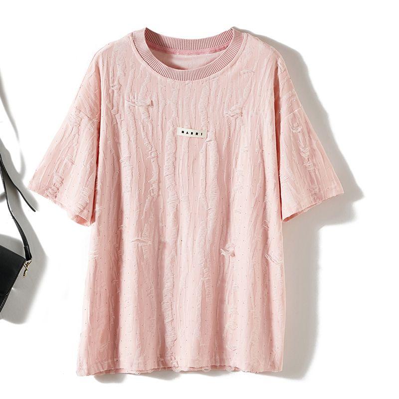 

Fiber! Knitting Cotton Scratch Hole Design ~ Women s round Neck Shoulder Short Sleeve Soft Glutinous Mid Length Long Length T-shirt Summer Breathable Pink Close-fitting sweat absorbent breathable