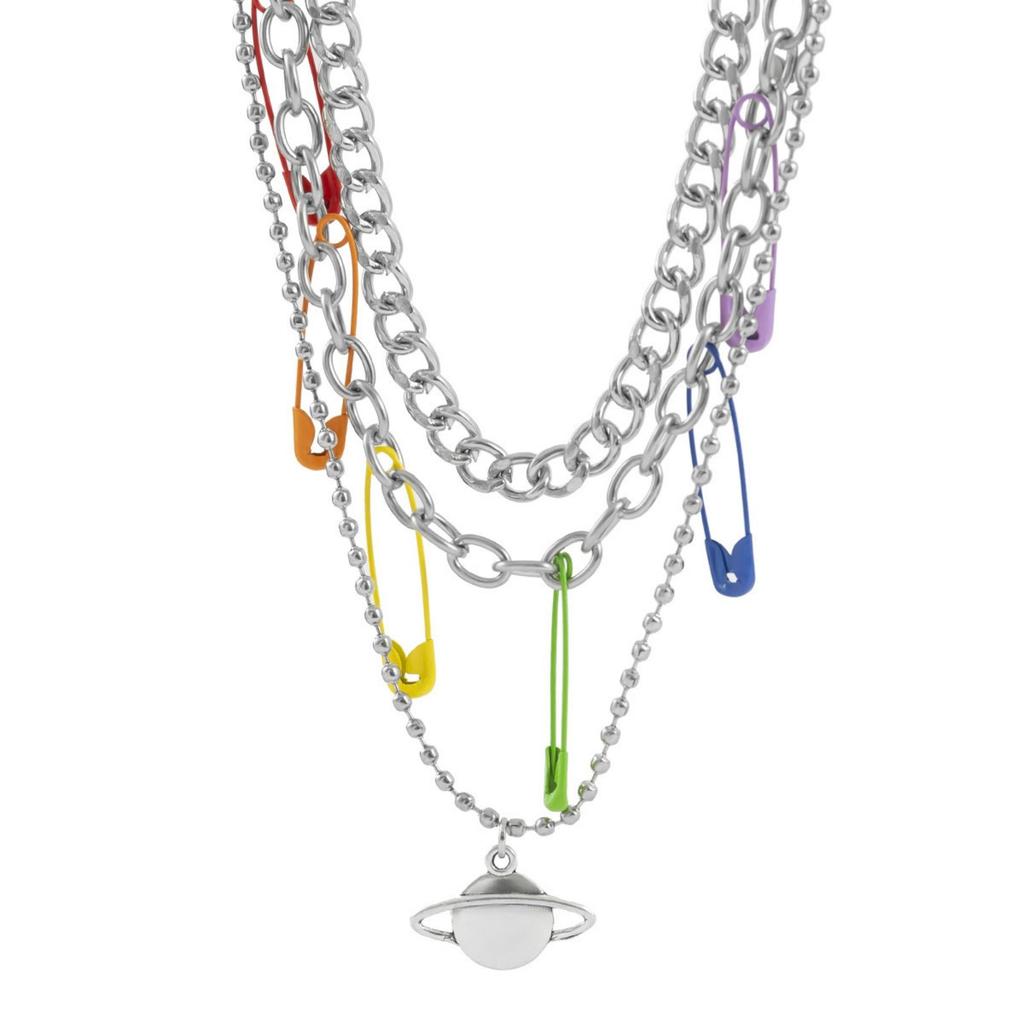 Novelty Jewelry Hip-Hop Punk Stacked Metal Necklaces Sweet And Cool Color Pin Planet Pendant Necklace