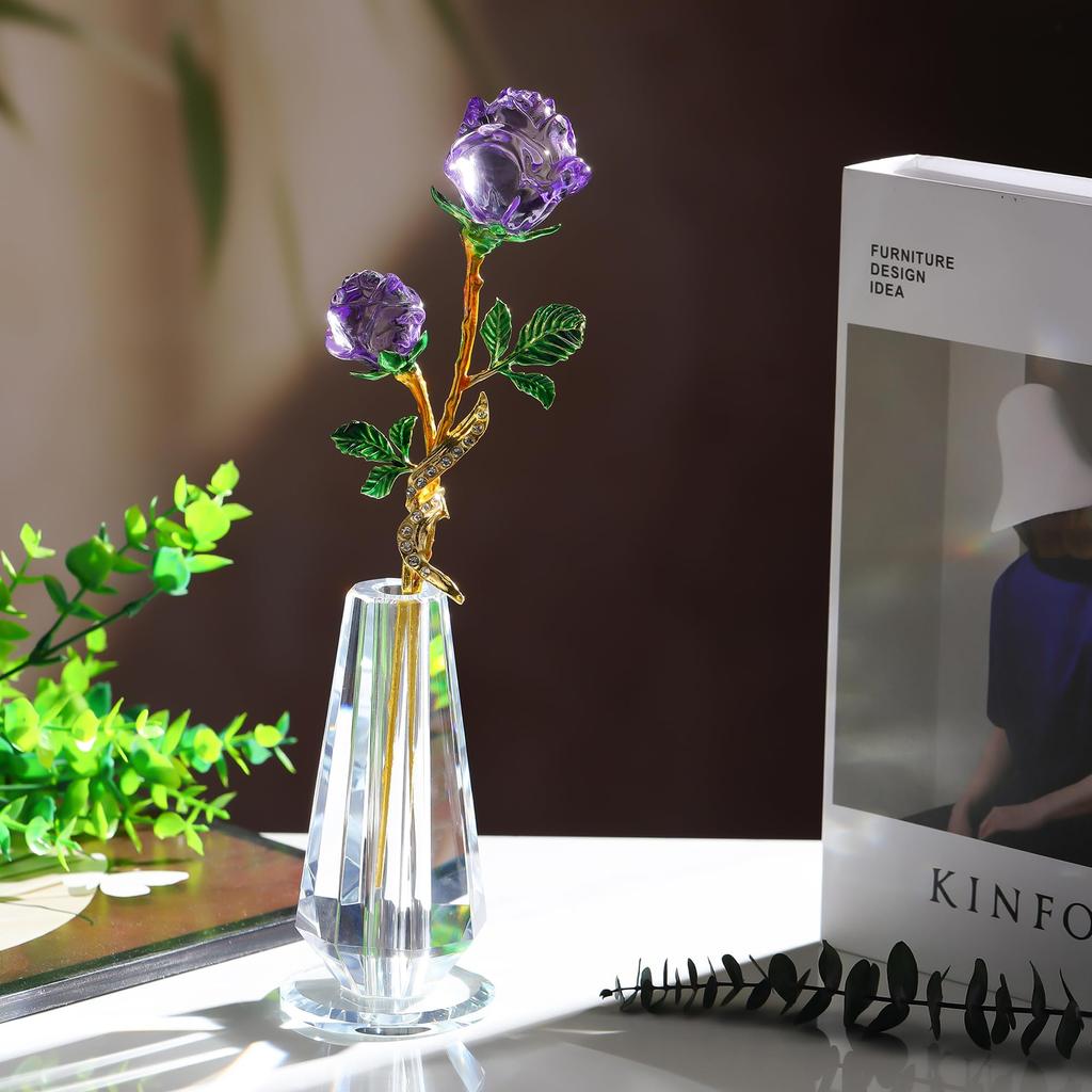 K9 Crystal Purple Rose Figurine for Purple Rose In a Romantic or Day Gift for Her or Friends Women, Never-Withering Vase, Birthday, Valentine's Day,