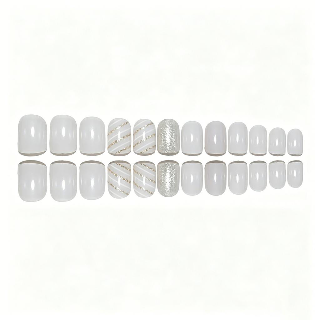 Las Nuevas 24 Piezas de Uñas Postizas son Pequeñas, Frescas y Simples con Diseño Rayado Brillante, Uña Cuadrada Corta para Llevar.