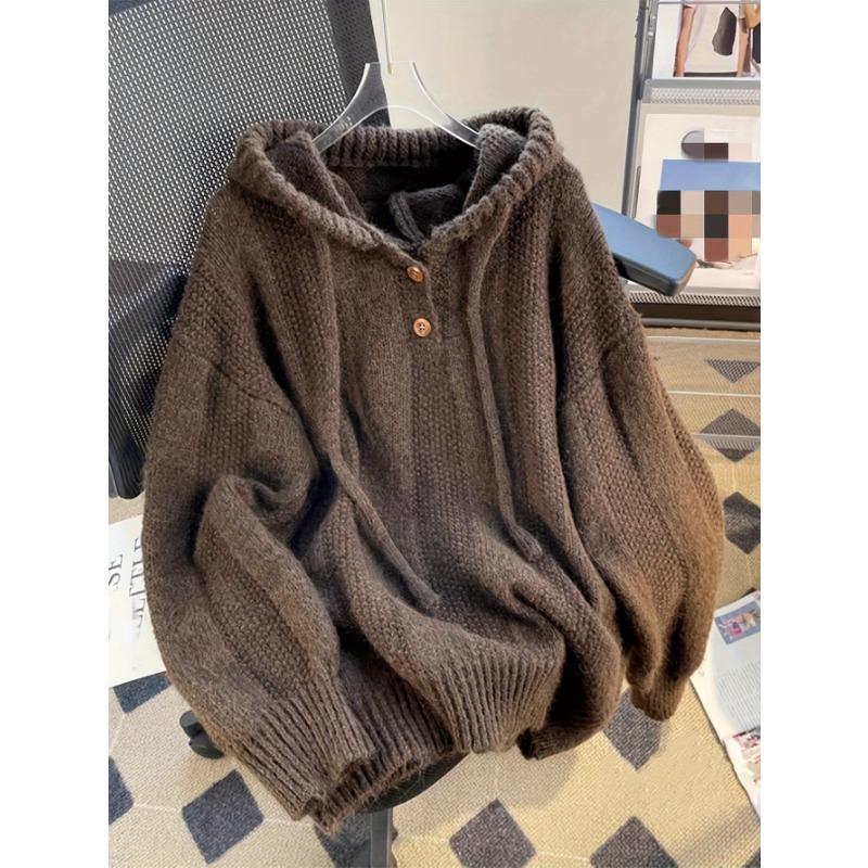 Korean Knitted Hooded Sweater Women Fall Winter Long Sleeved Warm Buttons Loose Pullover Solid Harajuku Lazy Sprots Sweatshirt
