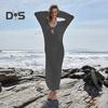 Damen Strandkleid Aushöhlen Gestrickt Rückenfrei Schnürriemen V-Ausschnitt Lockerer Kittel Überzug Langarm Sonnenschutz Lady Bikini Badeanzug Beachwear
