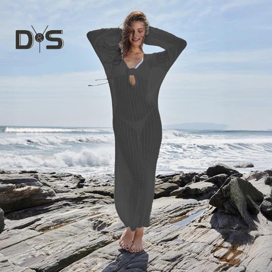 Damen Strandkleid Aushöhlen Gestrickt Rückenfrei Schnürriemen V-Ausschnitt Lockerer Kittel Überzug Langarm Sonnenschutz Lady Bikini Badeanzug Beachwear
