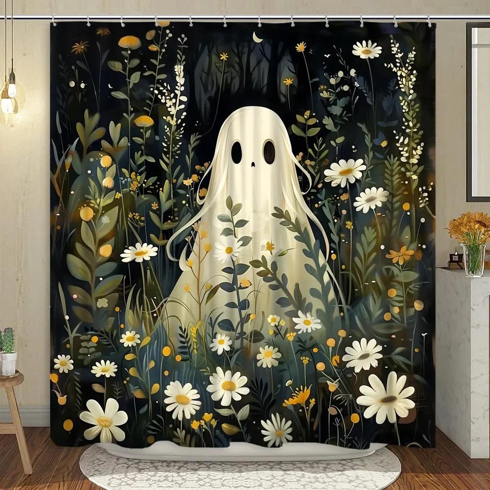 Cute Ghost Shower Curtain Cartoon Spooky Flower Plant Candle Watercolour Modern Home Polyester Fabric Bathroom Decor Curtain Set