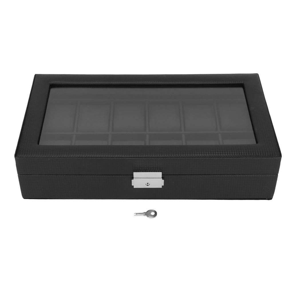 Watch Organizer 12 Slots Black Carbon Fiber Texture Thickened Acrylic Cover Watch Display Case