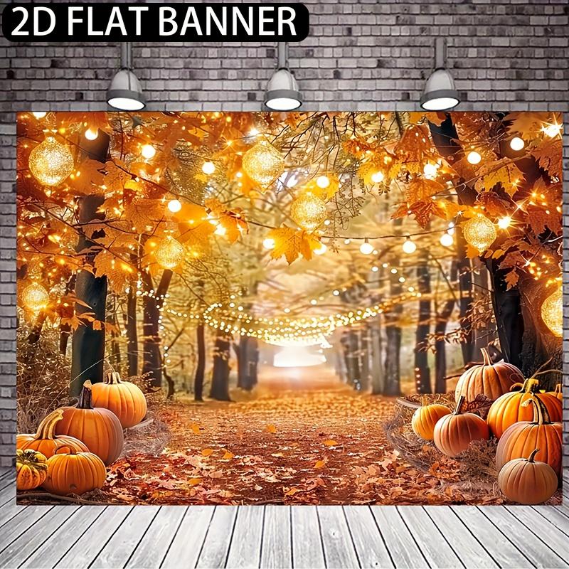2D flat banner 1PC Thanksgiving Harvest Party - Golden maple leaves pumpkins and hanging lanterns for autumn decorations 100x150cm