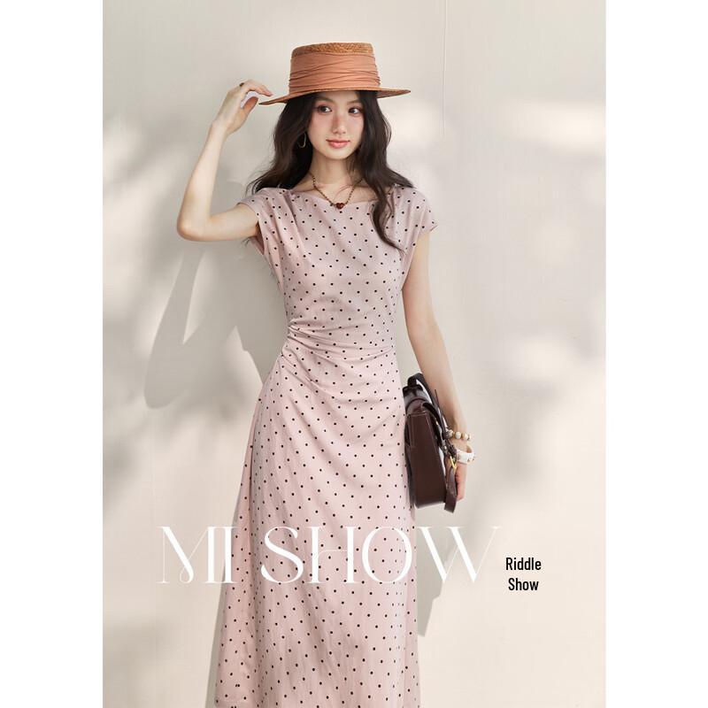 Mì Xiù 2026 Summer French Style Polka Dot Waist-Cinching Dress S розовый