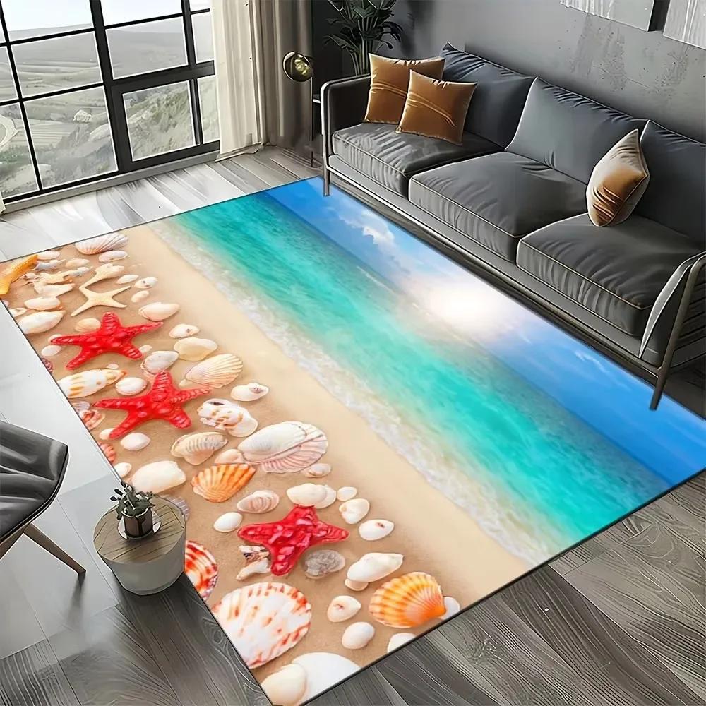 Starfish Beach Shell Sand Pattern Area Rug Coastal Ocean Carpet for Living Room Bedroom Kids Play Room Non-Slip Floor Mat