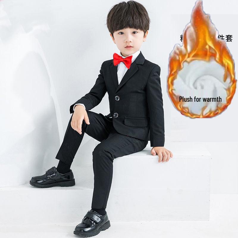 Boy's Formal Ensemble: Fleece White Shirt, Black Suit Pants, Vest, Page Boy Overalls, Performance Costume