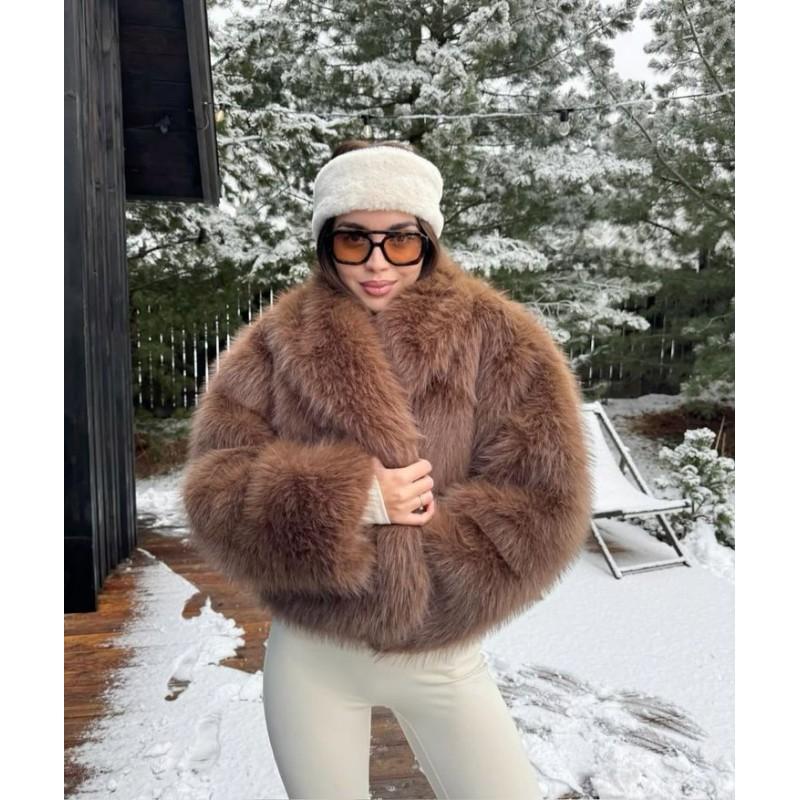 Vintage Brown Faux Fur Coat Short Warm Winter Streetwear Women