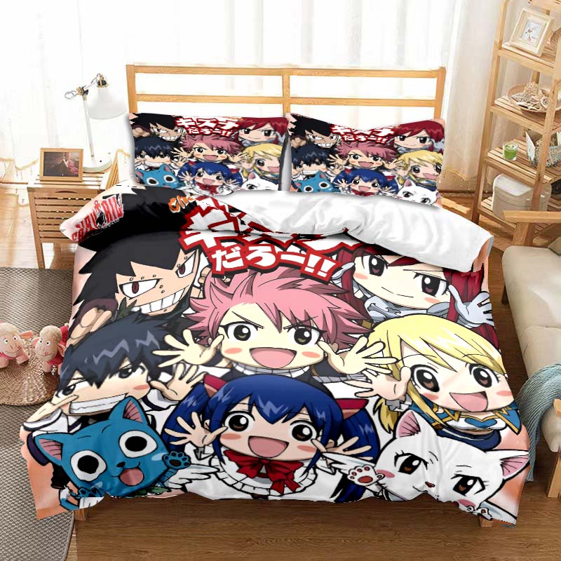 3D Anime Fairy Tail Bedding Set Bed Three-piece Set Duvet Cover Single Double Bed Queen Size Duvet Cover Set Adult Kid's Bedroom