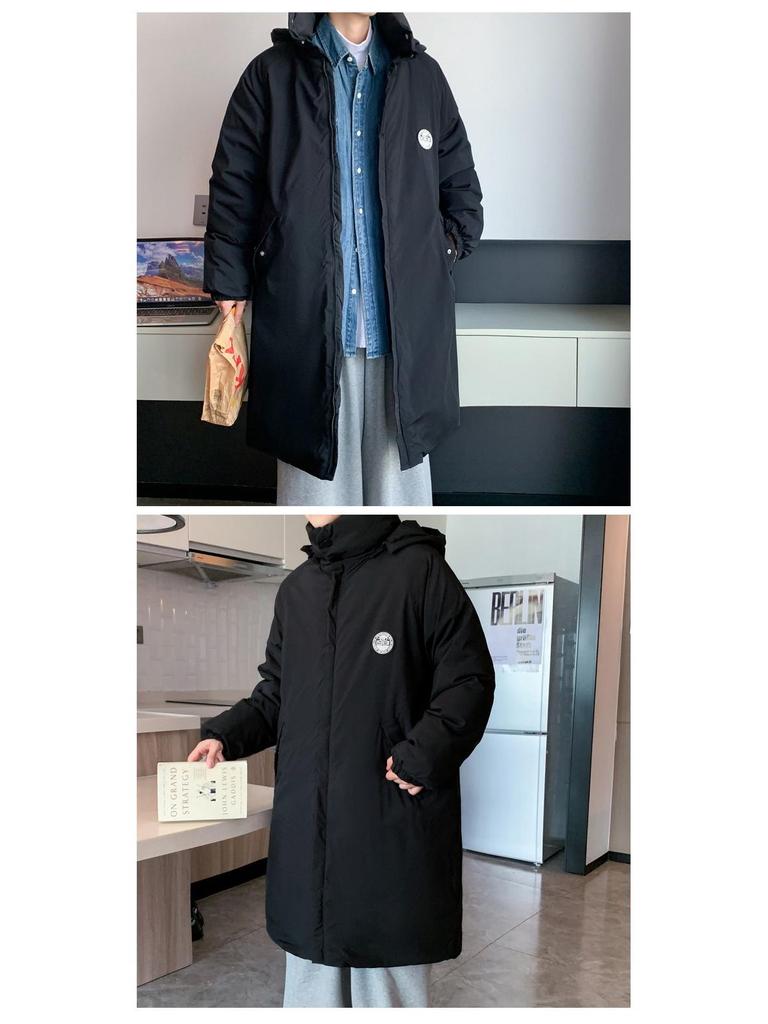Unisex Winter-Langmantel mit Kapuze, Baumwollwattiert, über knielang
