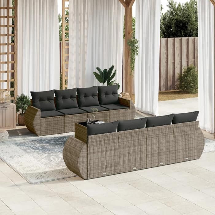 VidaXL Salon de Jardin avec Coussins 9 pcs, Canapés de Terrasse, Ensemble de Meubles de Patio, Mobilier d'Extérieur, Gris 3221149