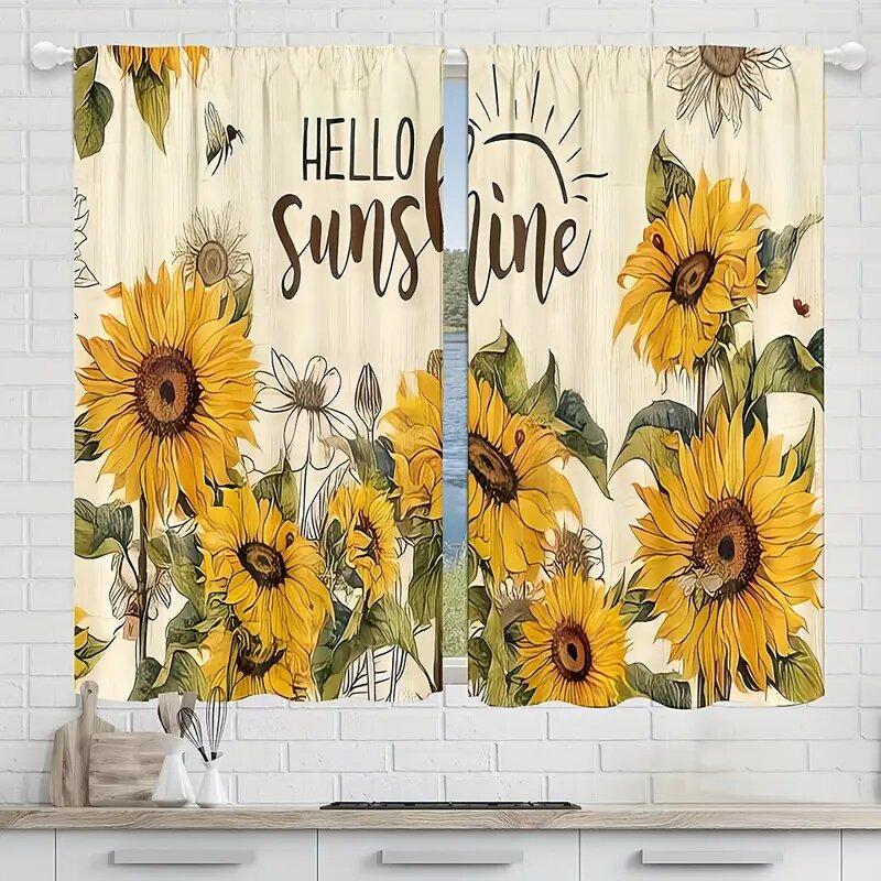 2pcs- Bees dancing on sunflowers in summer pattern printed curtains   window decorations   home decorations   room decorations