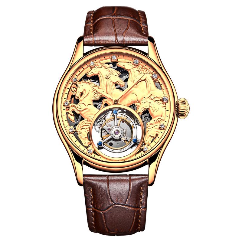 Swiss 18k Gold Tourbillon Men's Automatic Skeleton Watch with Leather Strap
