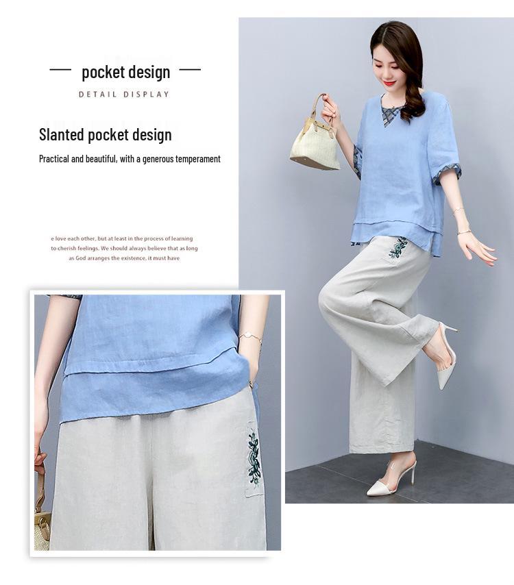 Summer 2025 Women's Retro Chinese Style Linen Top and Wide-Leg Pants Set