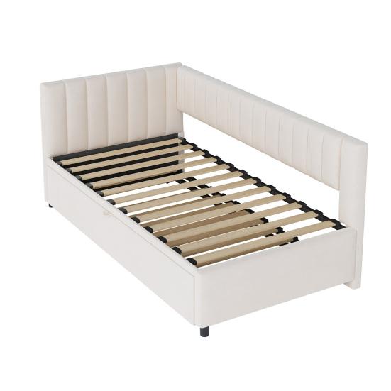 Multifunctional Sofa Bed L-Shaped with Pull-Out 90/180x200cm Upholstered In Velvet Fabric Space-Saving Design for Children Bed Guest Beige
