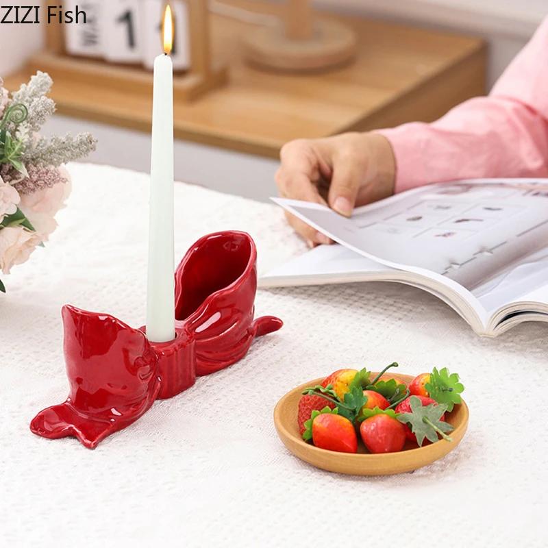 Bowknot-shaped Ceramic Candle Holders Desk Decoration Romantic Candlestick Wax Melt Burner Candle Stand Room Aesthetic Decor