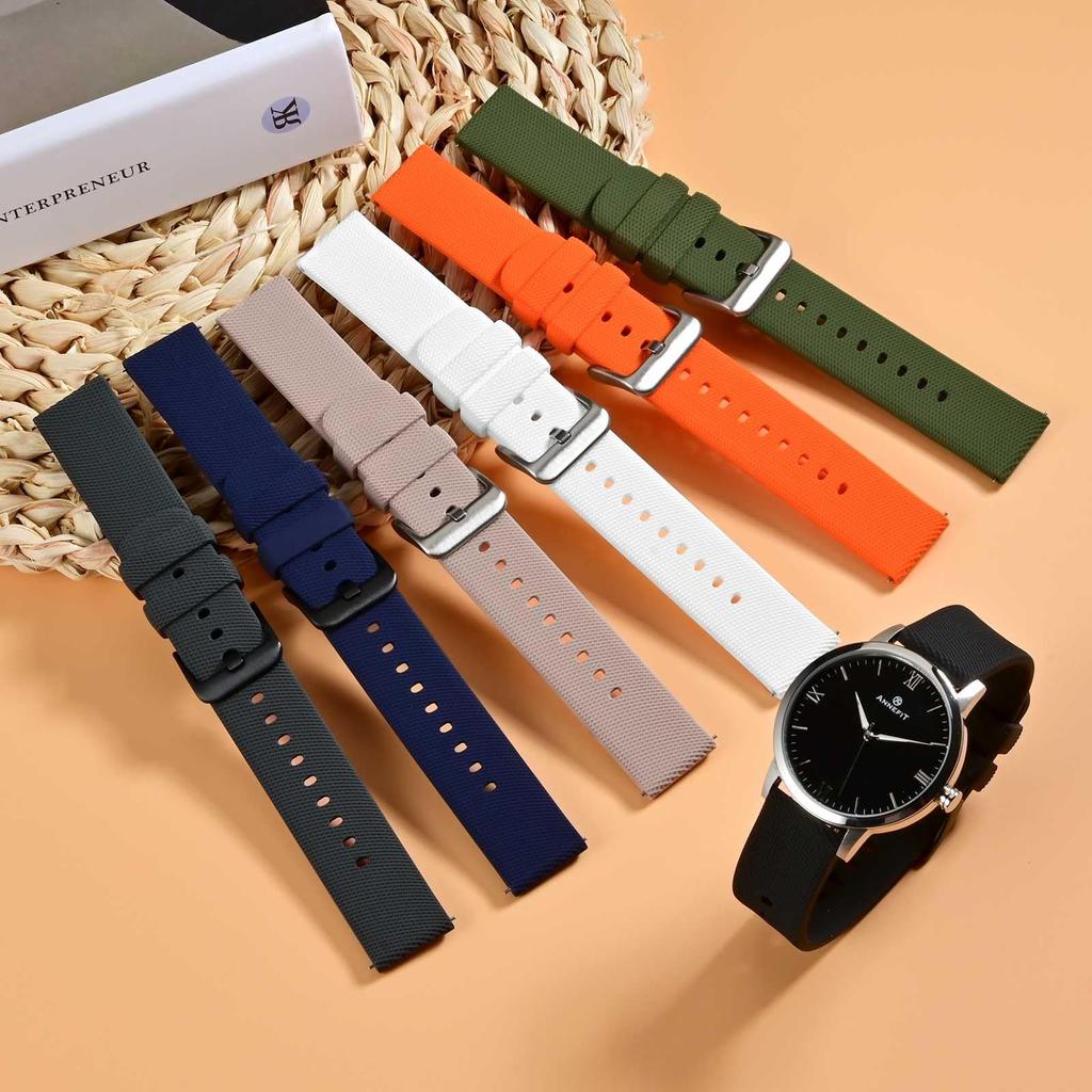 ANNEFIT 17mm Silicone Watch Rubber Replacement Strap with Quick Release Buckle Band, Black/Silver