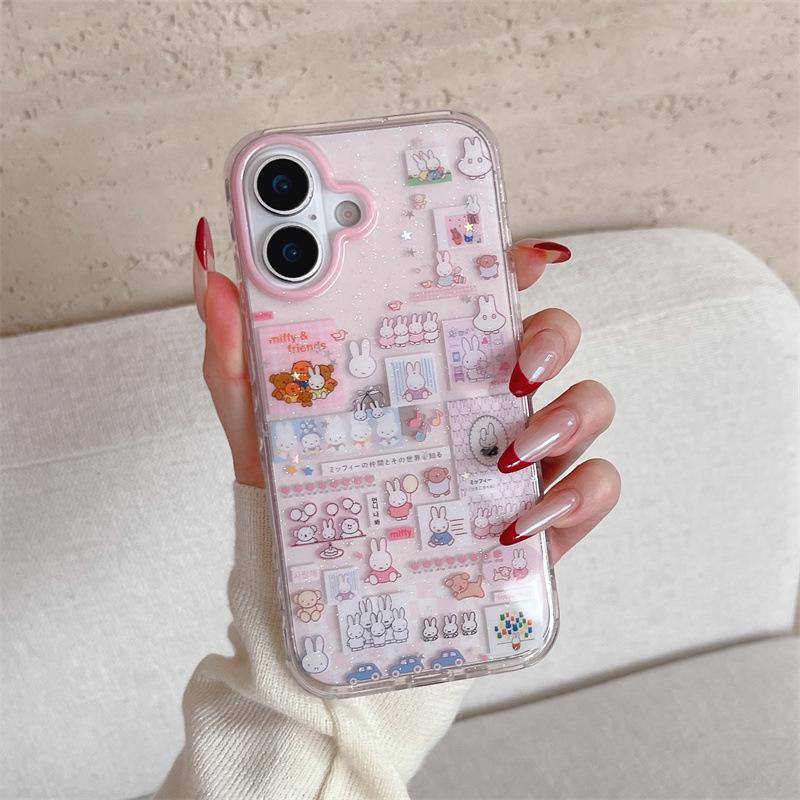 

Cute Cartoon Rabbit Patchwork iPhone 17/16 Pro Max/15/14 Girly Phone Case iPhone 16 Pro