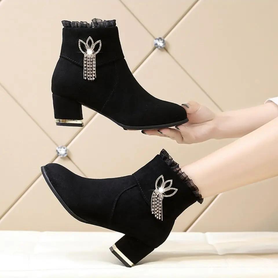 Fashion Rhinestone Woman Short Shoes Suede Chunky Heel Fashion  Booties