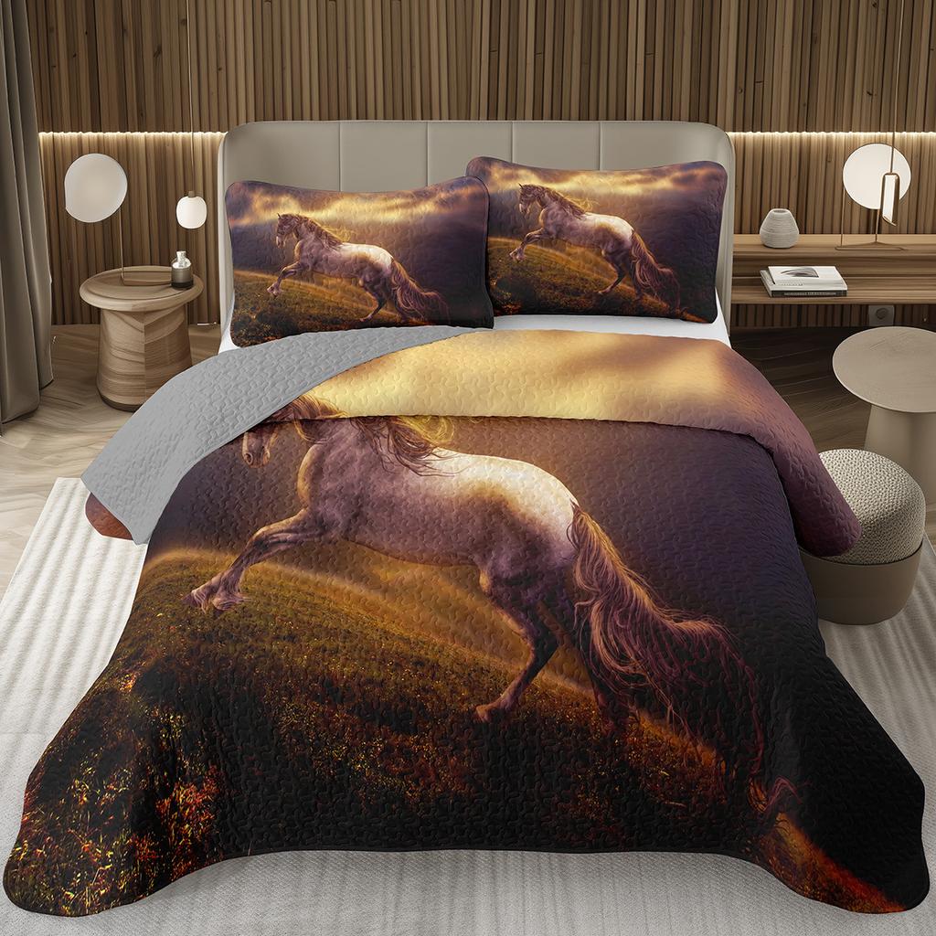 Running Wild Horses Print Quilted Bedspread Coverlet 2/3-Piece Rustic Bedding Set Reversible Lightweight Quilt Set Queen/Full