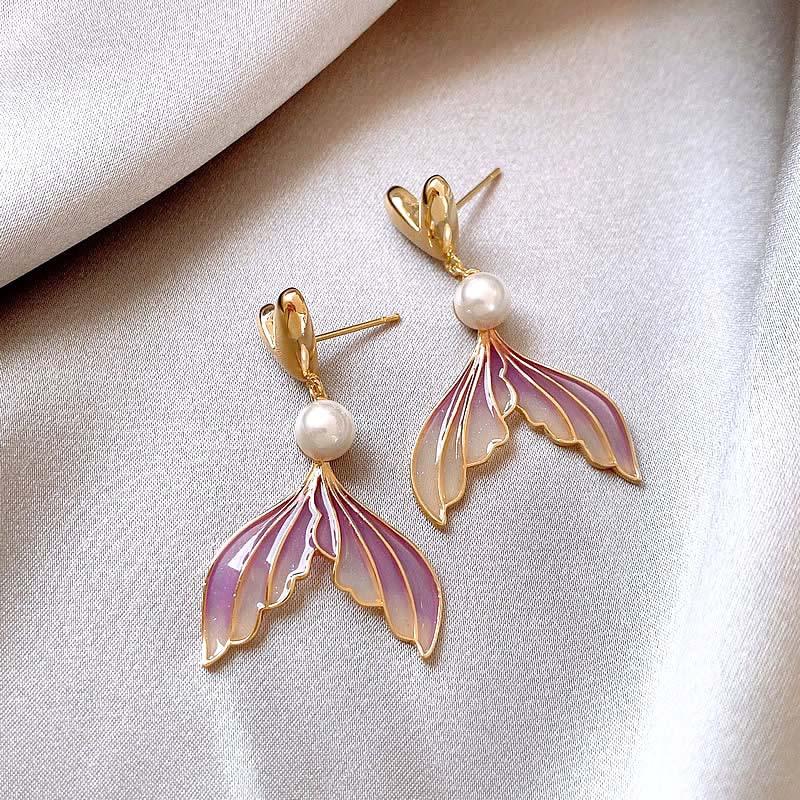 2024 New Fashion Gradient Fishtail Pearl Drop Earrings for Women Elegant Sweet Long Asymmetry Temperament Earrings Zircon