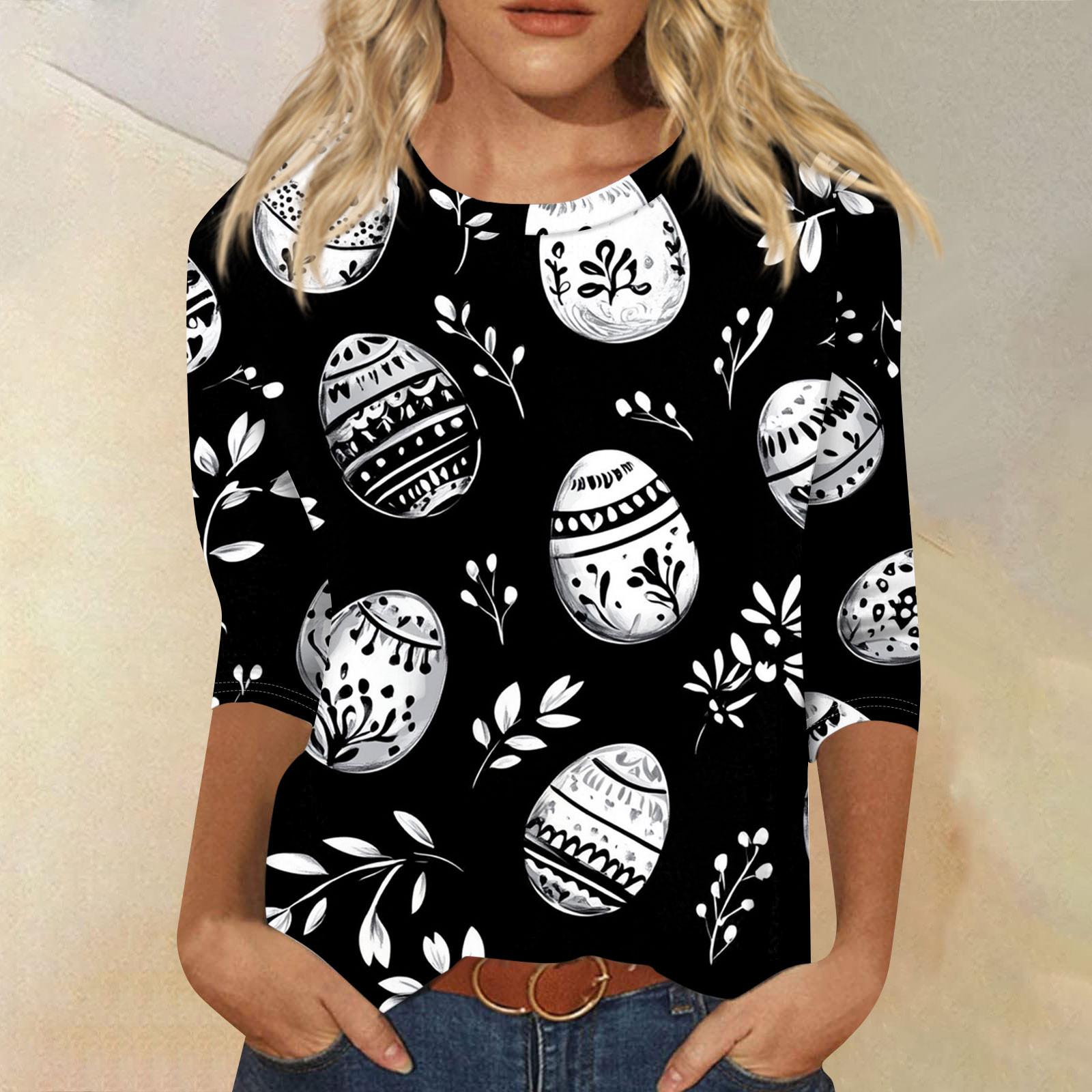 

Women s Fashion Casual Seven Sleeve Easter Print Round Neck Top XL