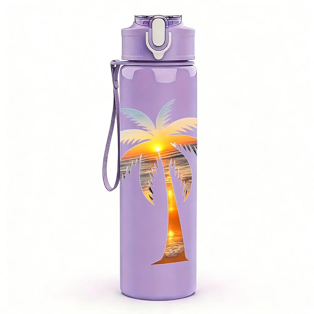 1PC Tropical Palm Tree Island Summer Print 750ml Color Plastic Sports Water Bottle Leakproof Flip Straw Lid Suitable for Sports Office Home Use