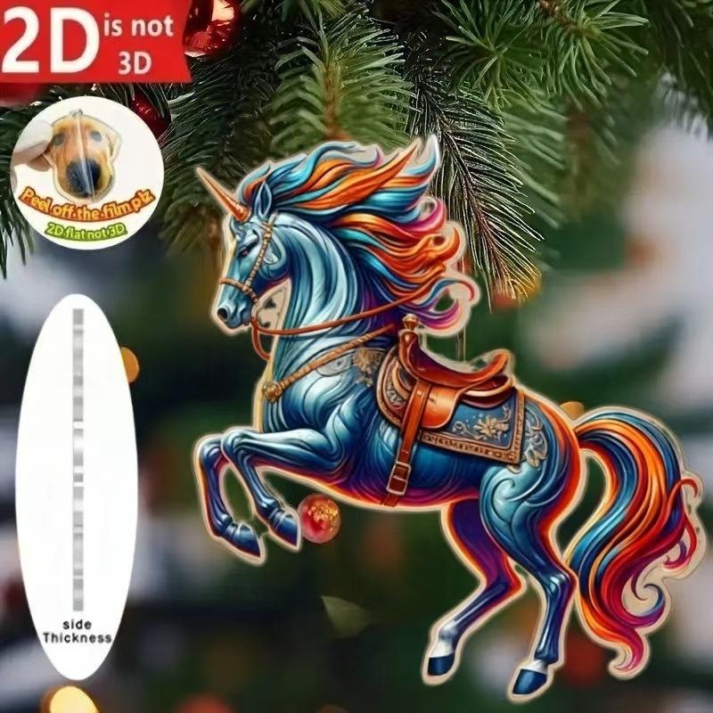 2D Acrylic Horse Charm Car Rearview Mirror Pendant Christmas Tree Hanging Home Decoration New Year Party Ornament Gift