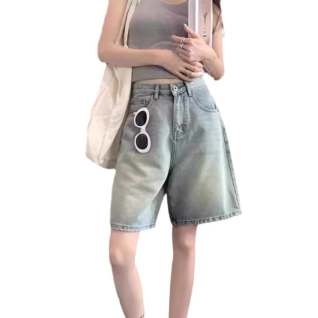 Retro Denim Shorts Women Summer High Waist Five Point Pants Loose Straight A Line Half Pants
