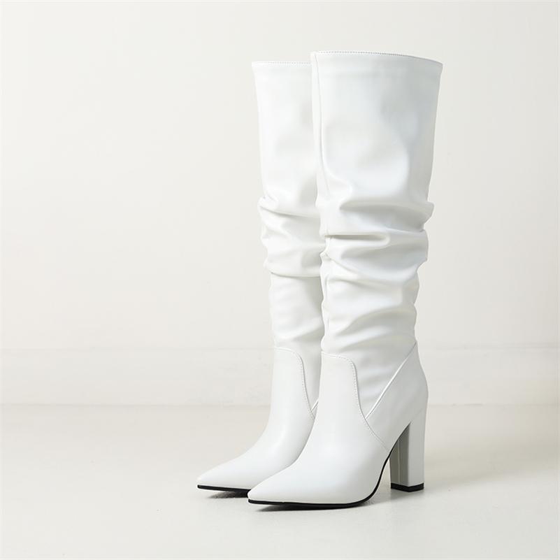 

ANNYMOLI Женские сапоги до колена с острым носком на толстом высоком каблуке, плиссированные сапоги Gogo, женская модная обувь осень-зима, белый цвет 43 33 белый