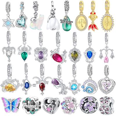 New 925 Silver Zodiac Pendant Butterfly Flower Bead DIY Women Bracelet Necklace Jewelry Gift