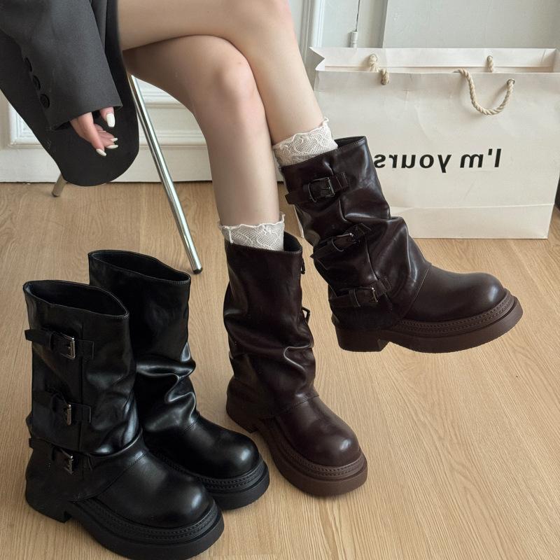 Thick-soled belt buckle pleated medium boots women's 2025 autumn and summer new western cowboy short boots Martin boots pant tube boots