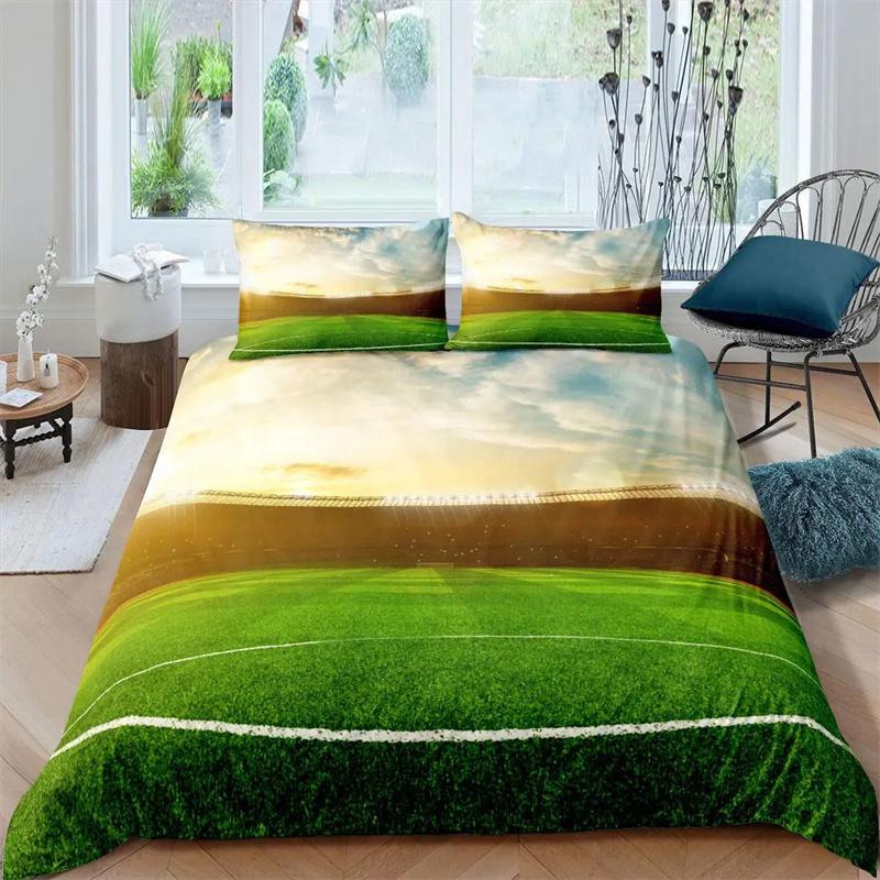 Green Football Field King Queen Duvet Cover Soccer Field Comforter Cover Boys Men Sport Games Bedding Set Polyester Quilt Cover
