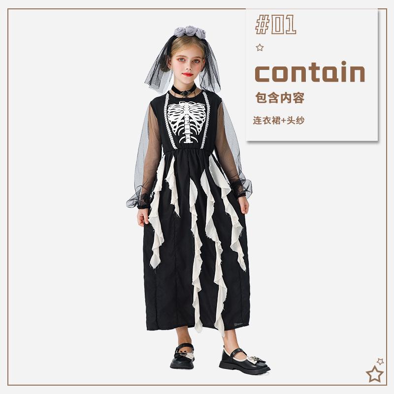 

Хэллоуин Детский Костюм Ведьма Демон Призрак Невеста Вампир Череп Костюм Зомби Костюм для Девочки Смешное Платье 150cm