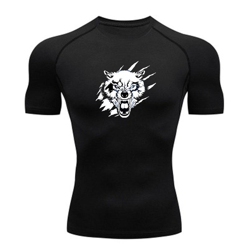 Men's Compression Workout T-Shirt, Ferocious Roaring Wolf Gr