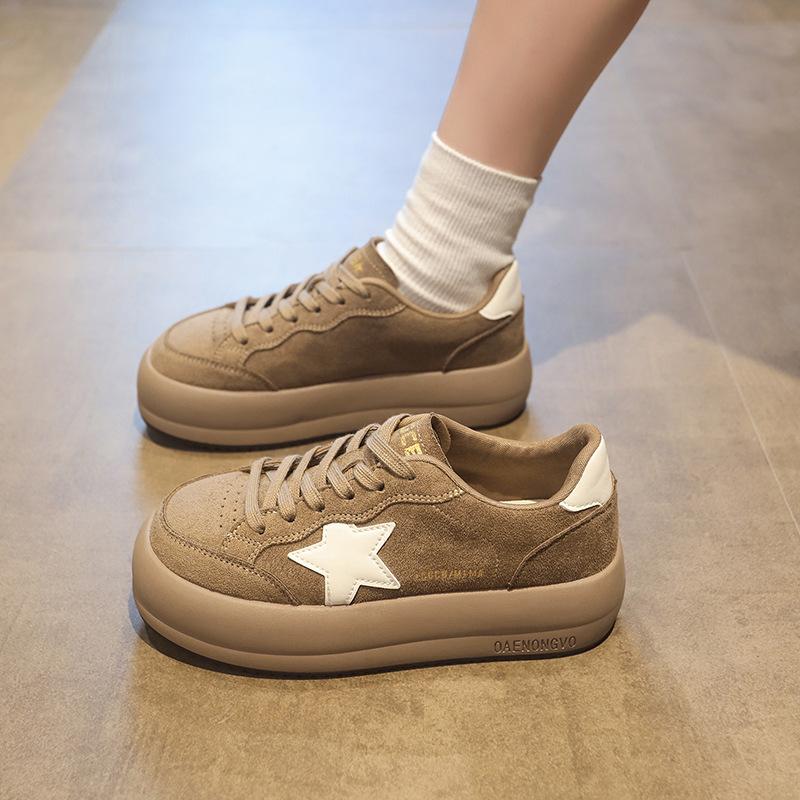 Leather retro old star board shoes women's autumn new muffin round head platform white shoes