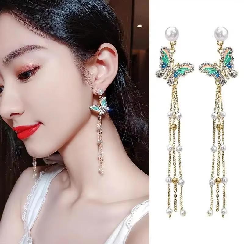925 Silver Needle Green Red Butterfly Long Tassel Earrings For Women Jewelry Trending Korean Fashion Crystal Drop Earrings