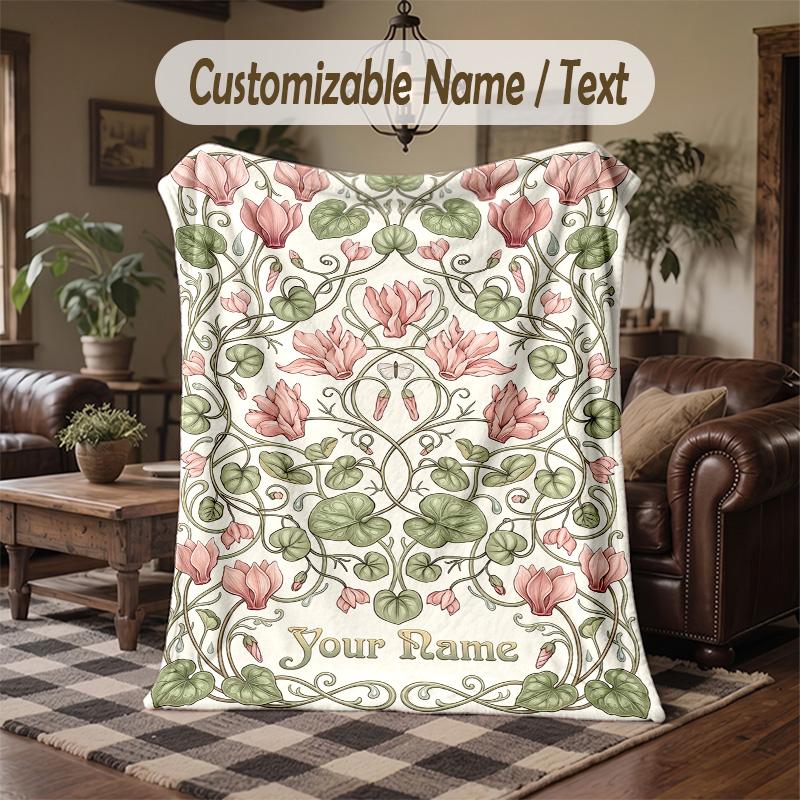 Floral Art Nouveau 4 Theme Throw Blanket Custom Name Text Personalized Blanket Soft Cozy Blanket for Home Sofa Bed