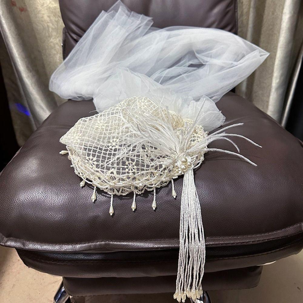 French Style Bride Lace Bow Long Headband Retro Embroidered Bride Wedding Headwear Wedding Veil