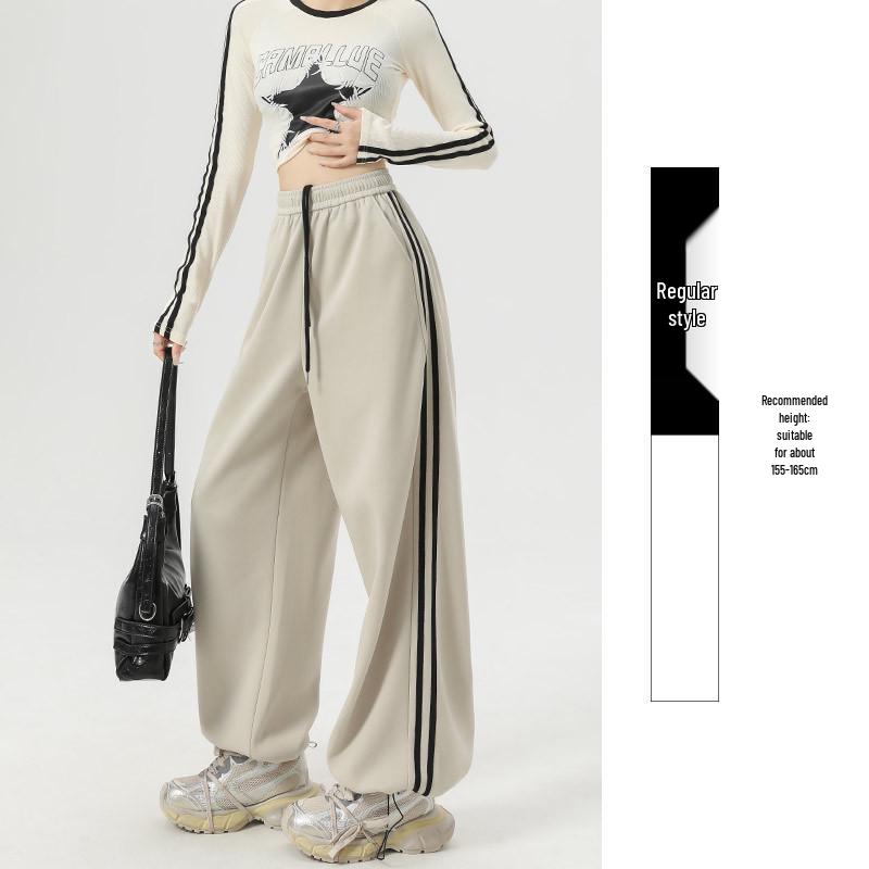 Women's American-Style Sweatpants with Side Stripe - High Waist, Slimming, Wide Leg - Spring/Autumn 2024