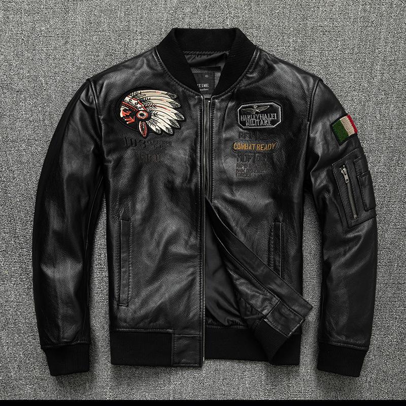 

Кожа наппа первого слоя Натуральная кожа Мужской короткий лётный костюм Осень Большой размер Повседневная кожаная куртка S чёрный