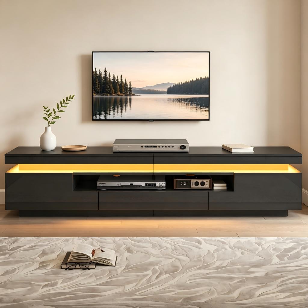 175*38*45cm Living Room TV Stand with 2 L-Shaped Cabinets and 1 Drawer, High-Gloss Cabinet with LED, Semi-Open Storage, Around 75 Inches, Black