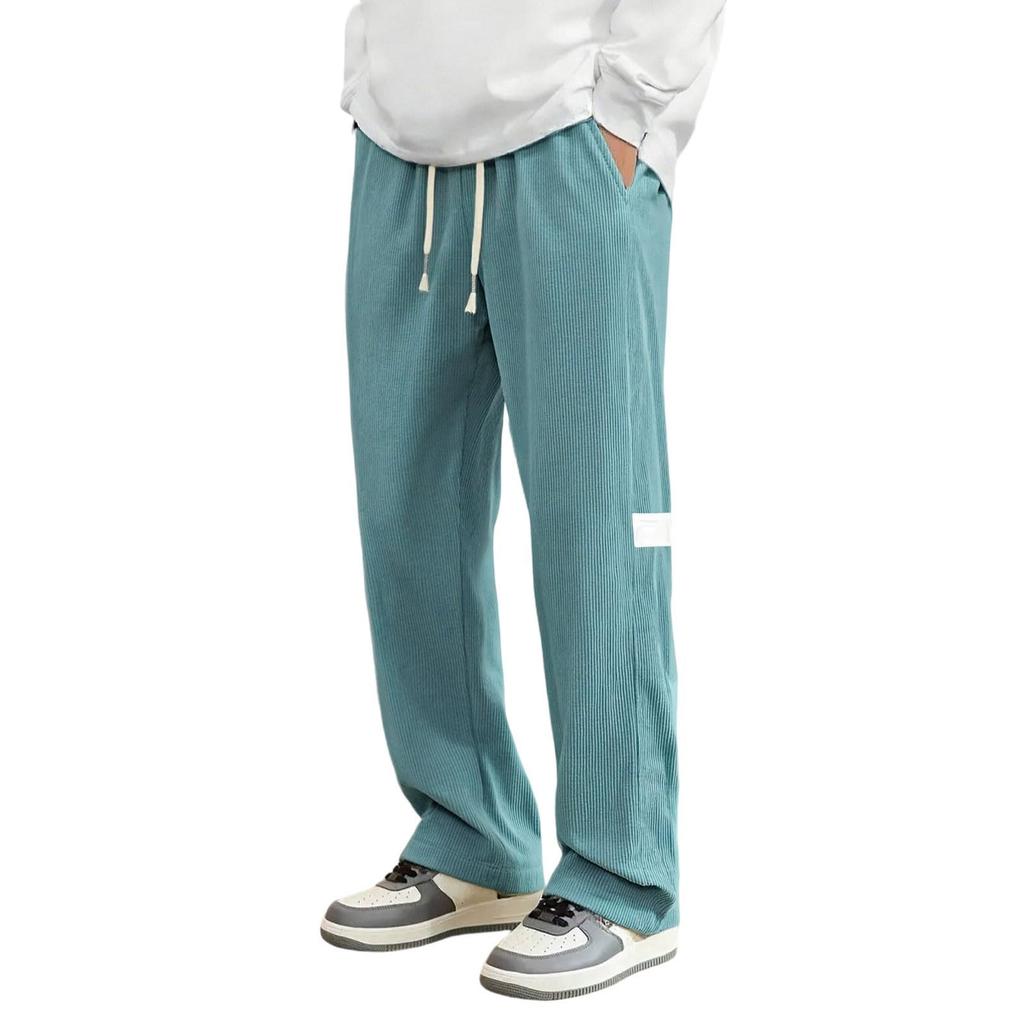 Men's Corduroy Drawstring Casual Pants, Loose Fit Straight Wide Leg Trousers